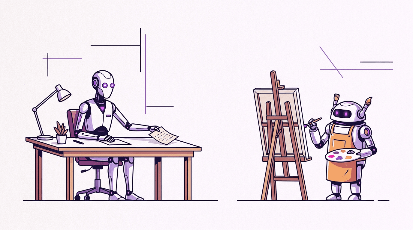 Editorial illustration of a writer robot handing a note to a painter robot at an easel, a metaphor for Claude delegating image generation to an MCP server