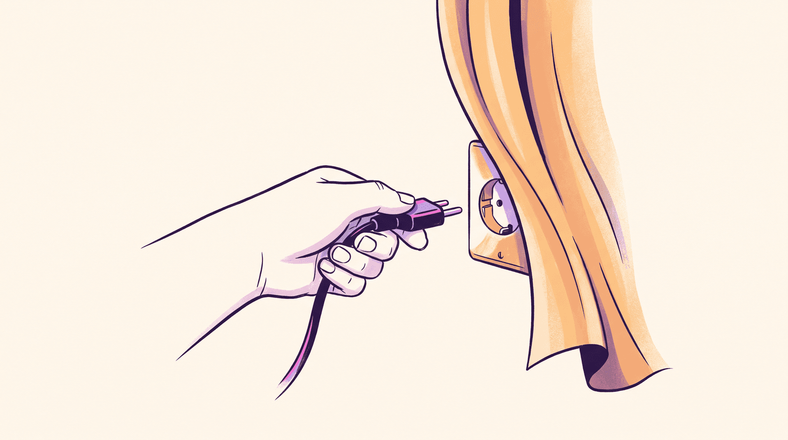 Editorial illustration of a plug being offered to a socket half hidden behind a curtain