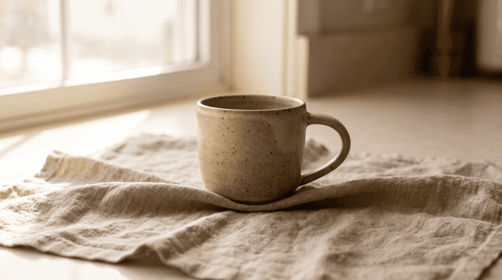 Product photo of a matte ceramic cup on rumpled linen in soft window light, generated by Nano Banana Pro
