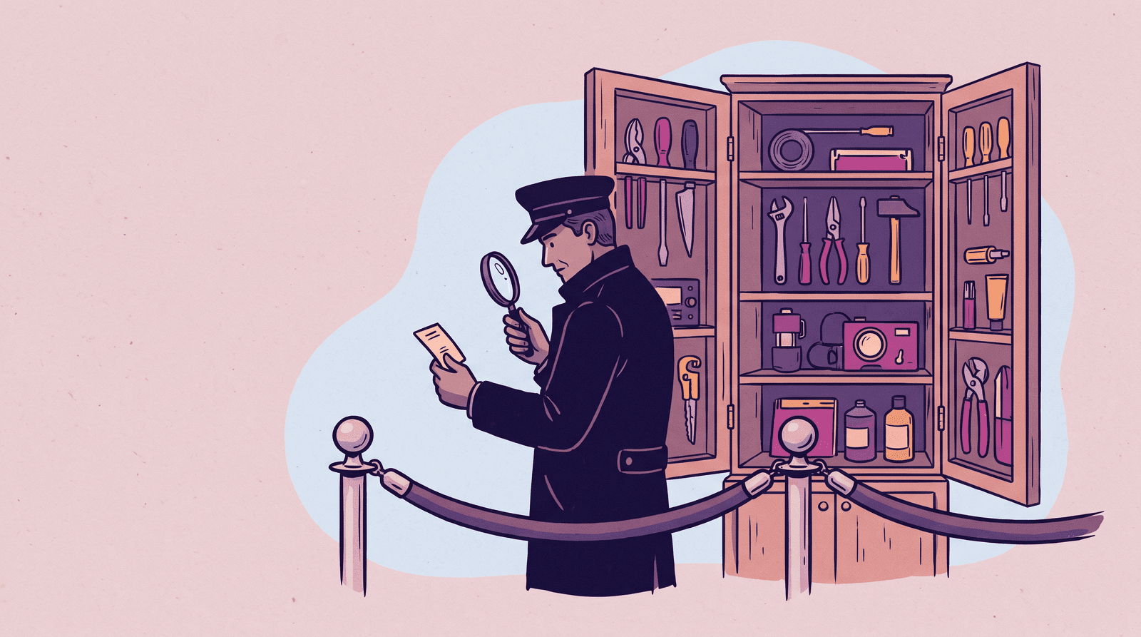 Editorial illustration of a doorman checking a paper token in front of an open cabinet of tools