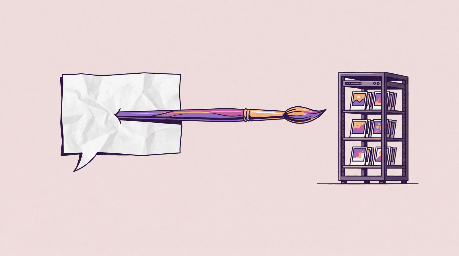 Editorial illustration of a chat bubble handing a paintbrush to a remote server rack