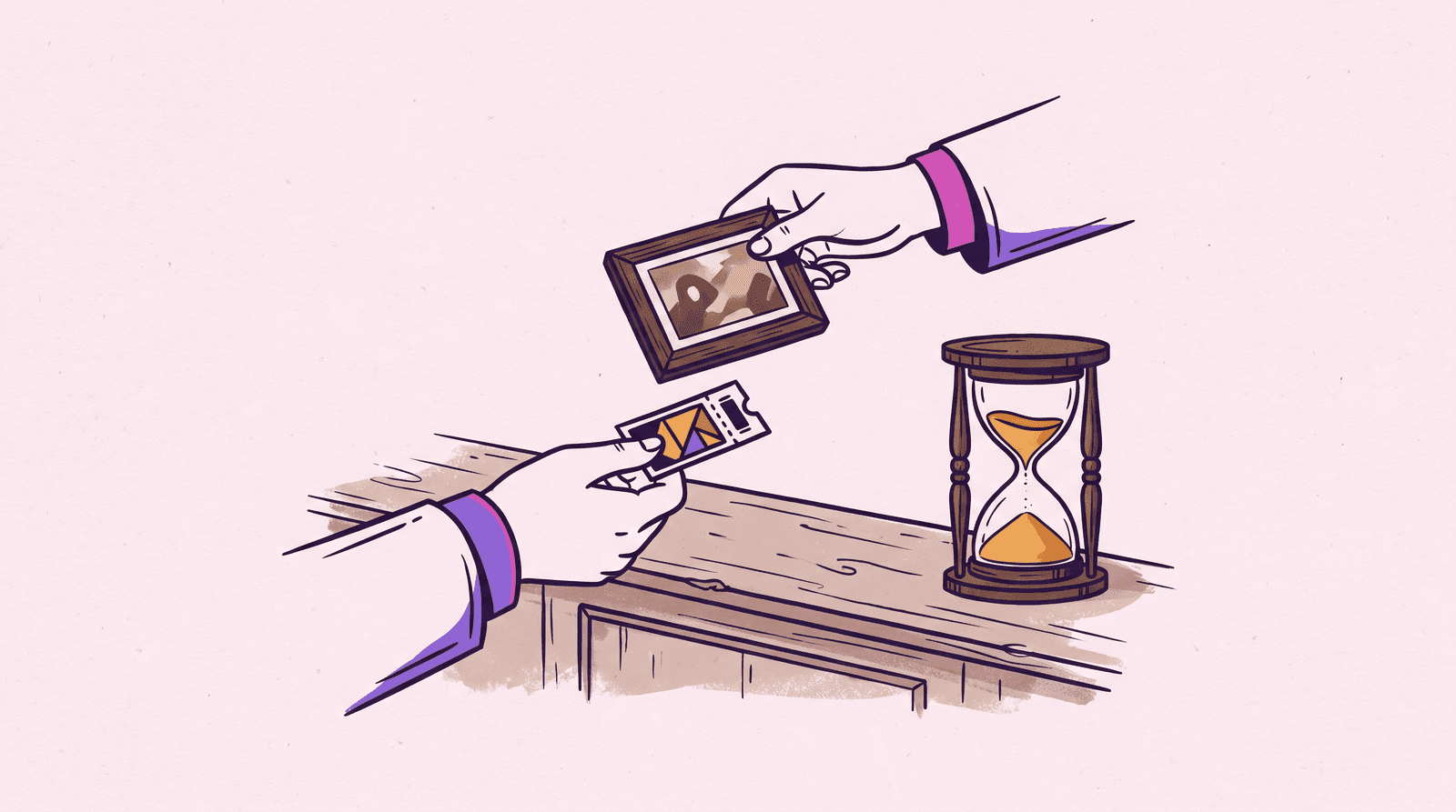 Editorial illustration of a ticket being exchanged for a finished picture across a counter