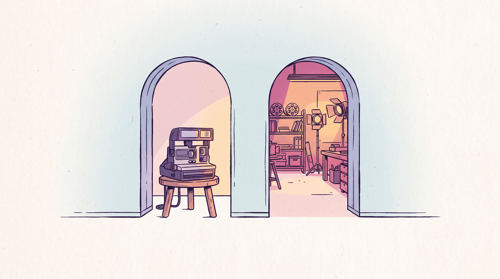 Editorial illustration of two doorways, one opening onto an instant camera, the other onto a distant film workshop
