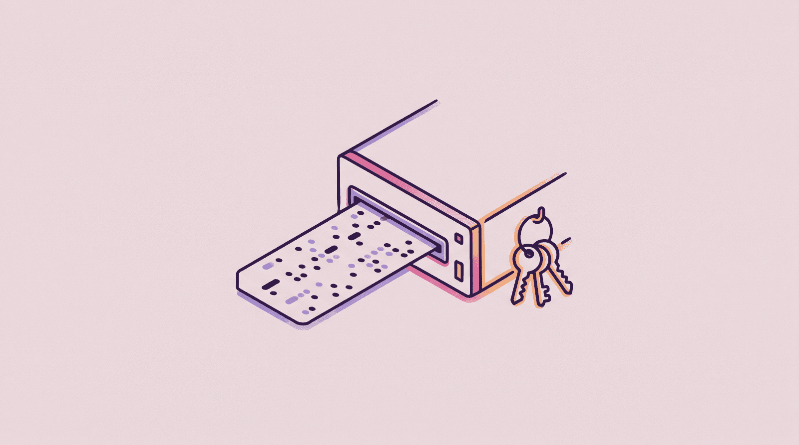 Editorial illustration of a punched card sliding into a server slot with keys hanging beside it