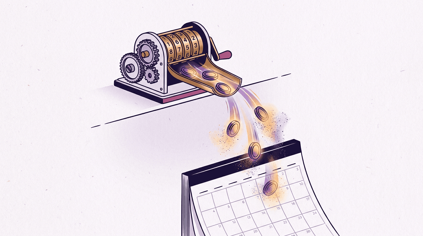 Mechanical credit counter spilling tokens onto a monthly calendar page, monthly AI credits expiring