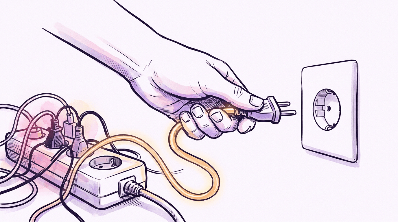 Power plug moving from a crowded multi-socket power strip to a single clean wall socket, switching AI platforms