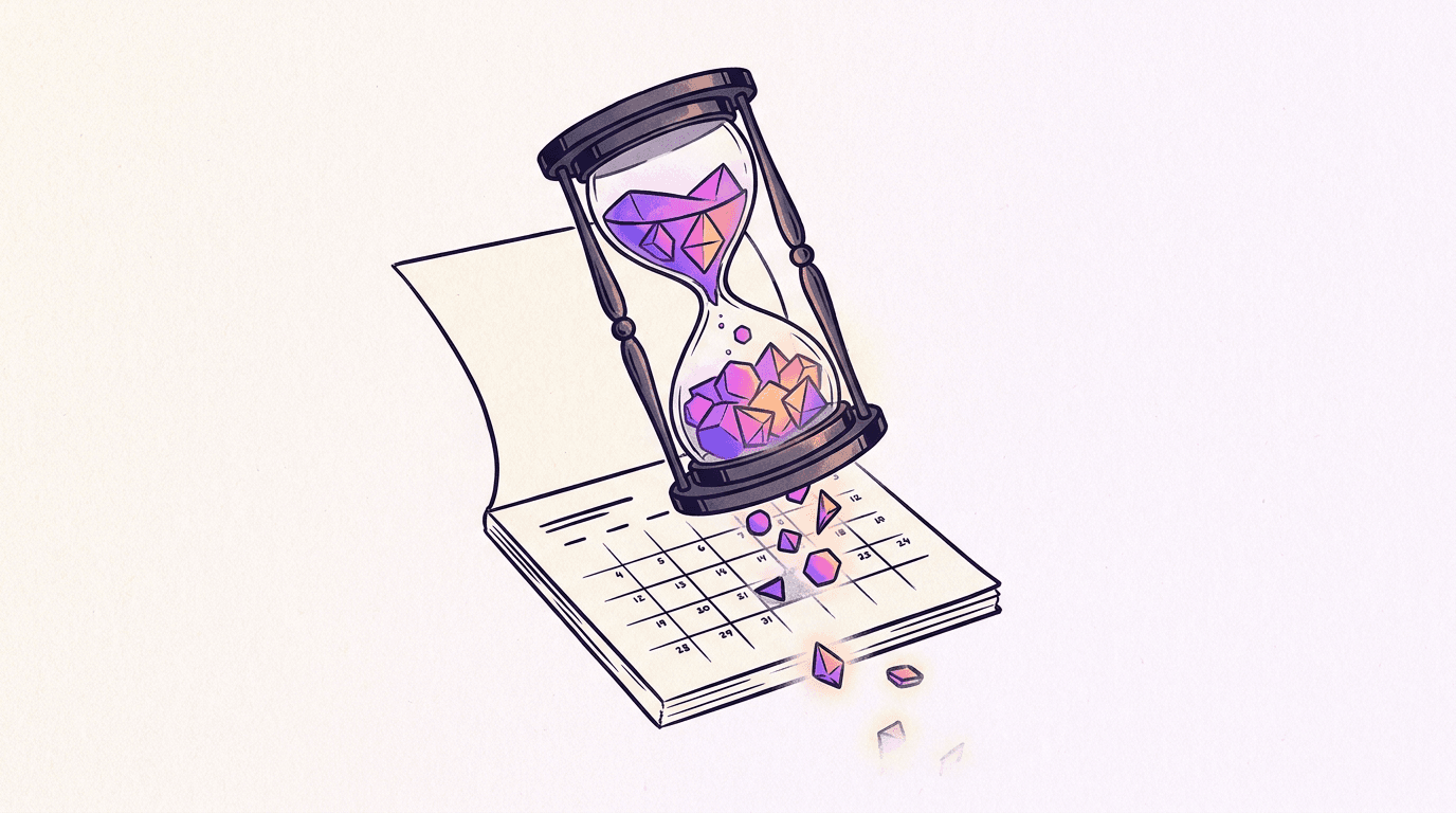 Hourglass filled with small glowing compute tokens draining onto a monthly calendar page below