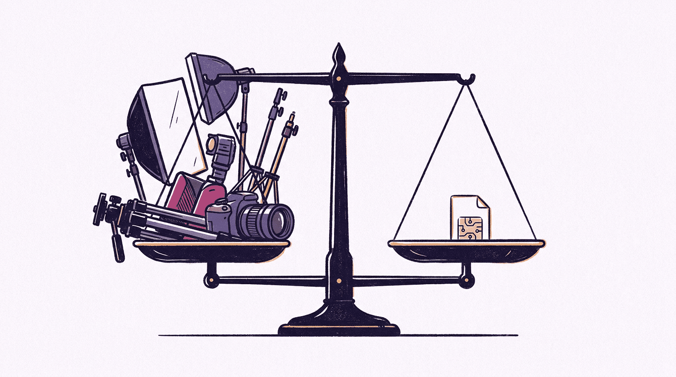Editorial illustration of a balance scale weighing a pile of studio photography gear against a single prompt card