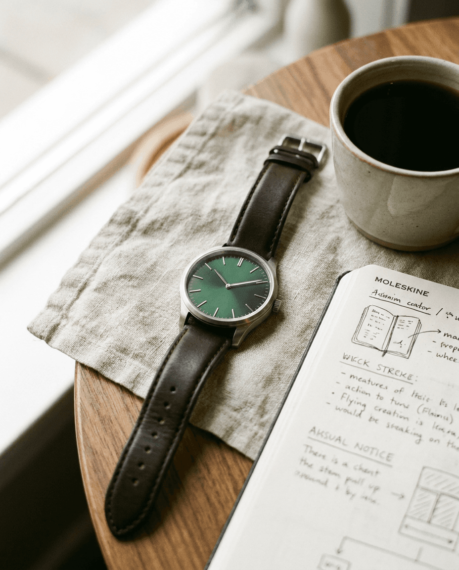 Nano Banana Pro lifestyle product photo: green-dial watch on a linen napkin beside coffee and a notebook in morning window light