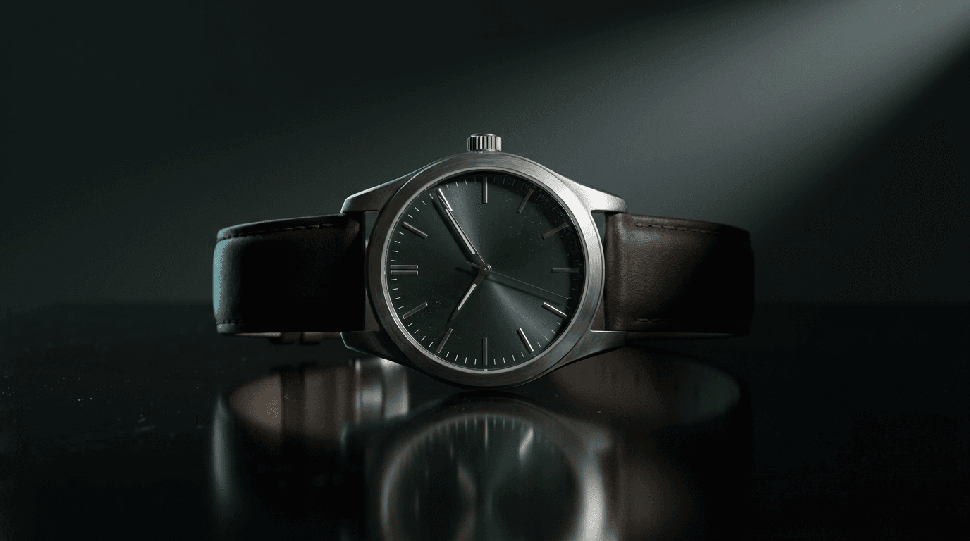 Nano Banana Pro lighting setup example: low-key wristwatch shot on black reflective acrylic under a single hard spotlight