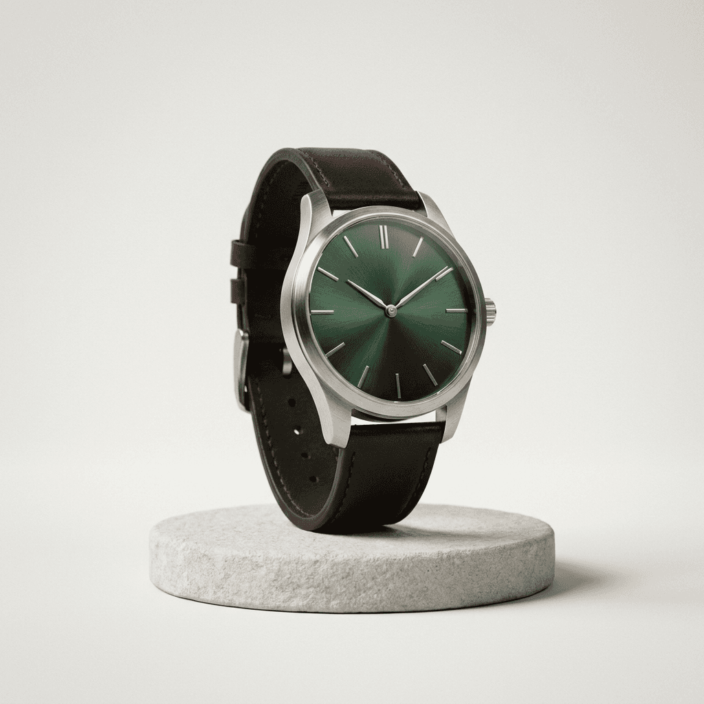 Nano Banana Pro product photography demo: studio packshot of a green-dial wristwatch on a stone pedestal with three-point softbox lighting