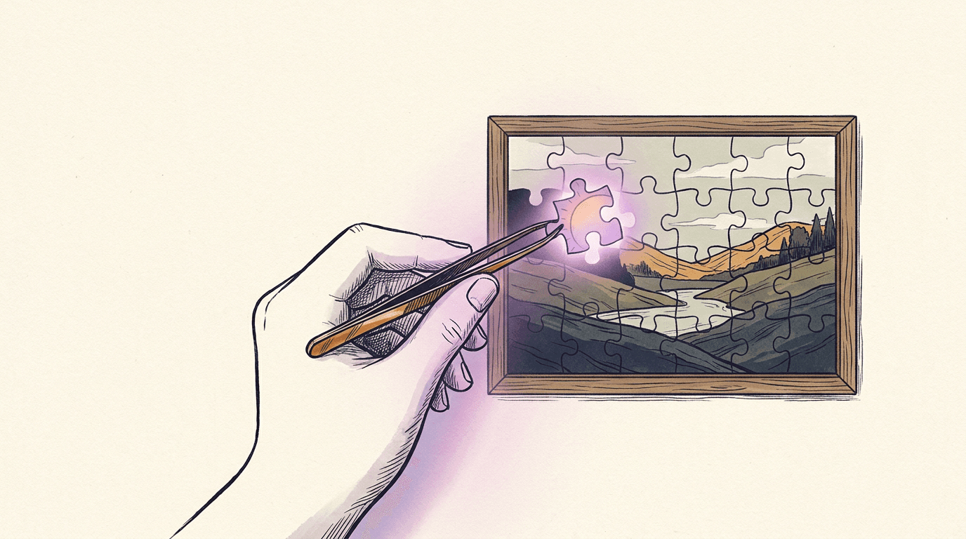 A pair of tweezers swapping a single puzzle piece inside an otherwise finished picture frame, illustrating targeted Nano Banana image editing