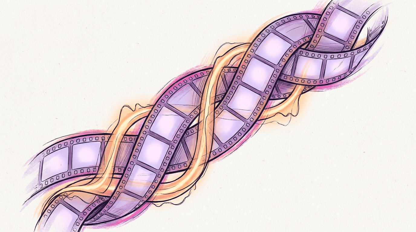 A film strip and a smooth audio waveform braided together into a single glowing ribbon, macro close-up