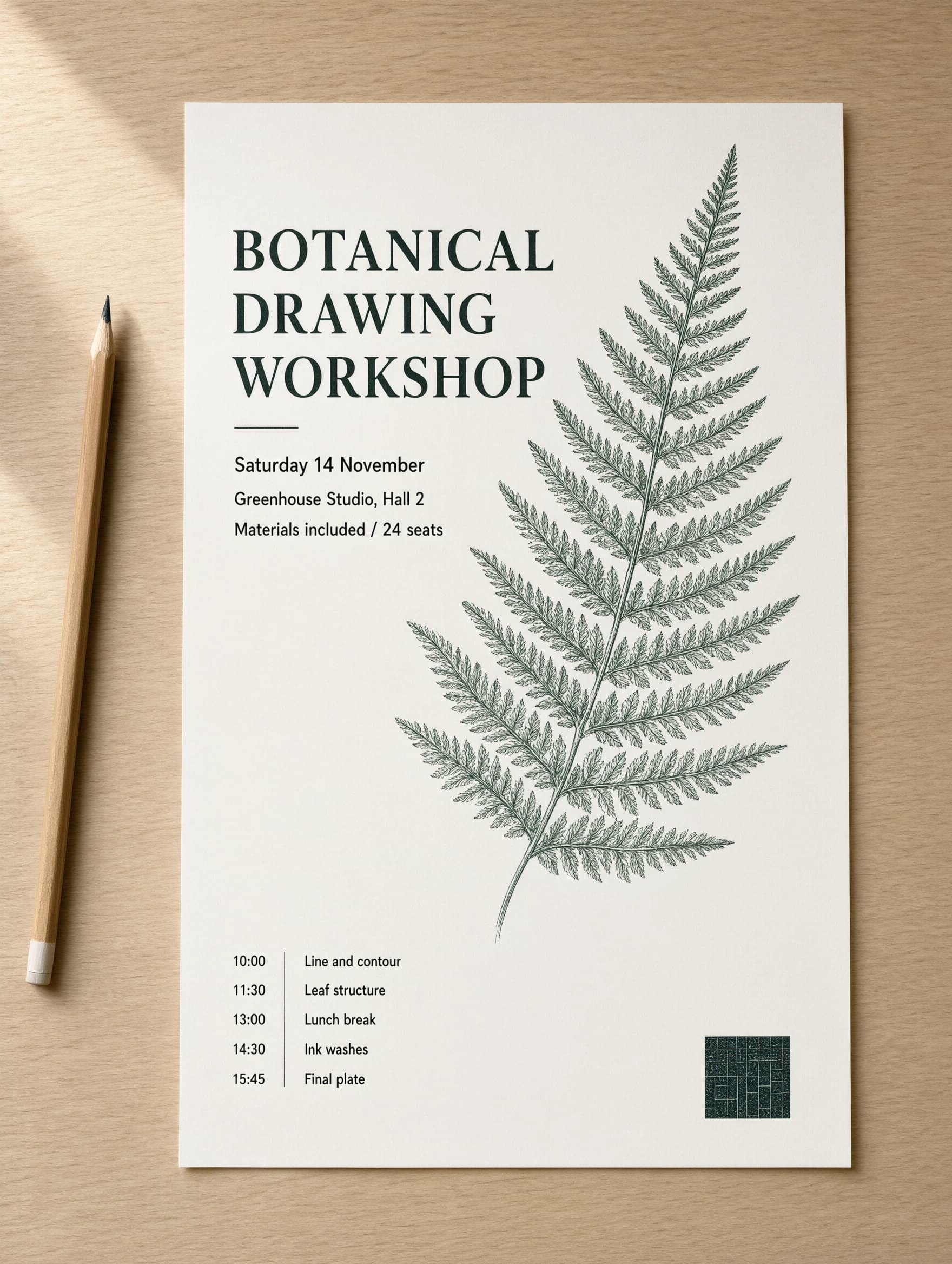 A printed botanical workshop poster with a fern illustration and a fine-print schedule, generated by Qwen Image 3.0 Pro