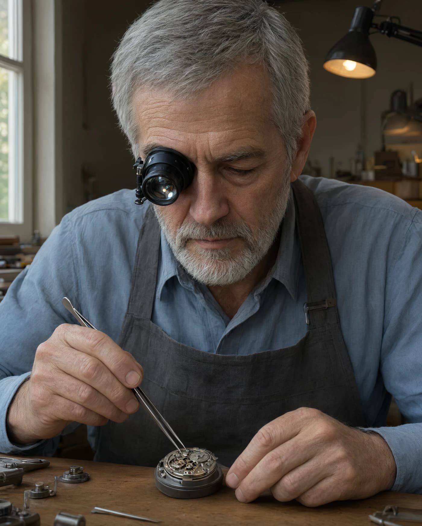 Close-up photoreal portrait of an elderly watchmaker wearing a jeweller's loupe, generated by Qwen Image 3.0 Pro