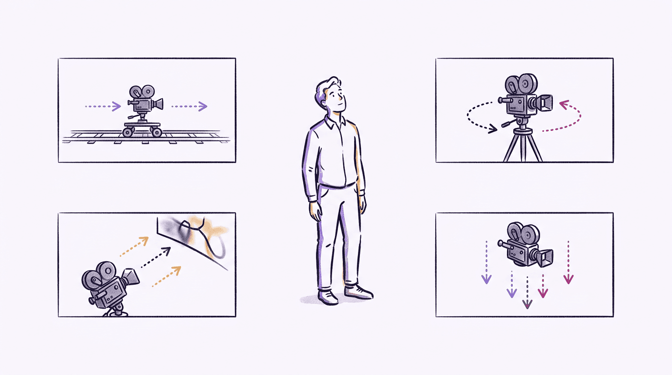Film camera vocabulary for Veo 3.1 prompts illustrated as a storyboard of dolly, pan, low-angle and aerial camera positions around a single subject