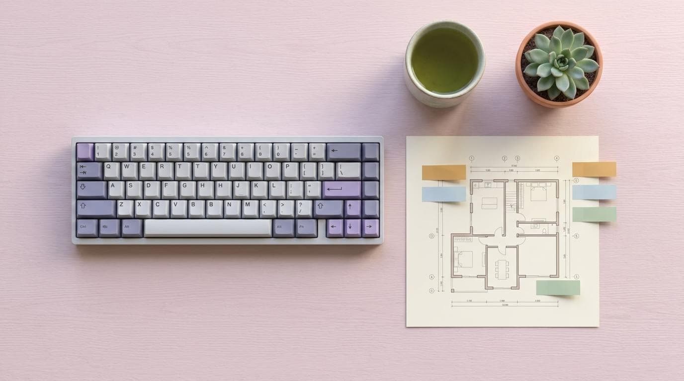 Photorealistic flat-lay of a pastel mechanical keyboard, printed architecture diagram with sticky notes and green tea, generated via MCP for a documentation quickstart page