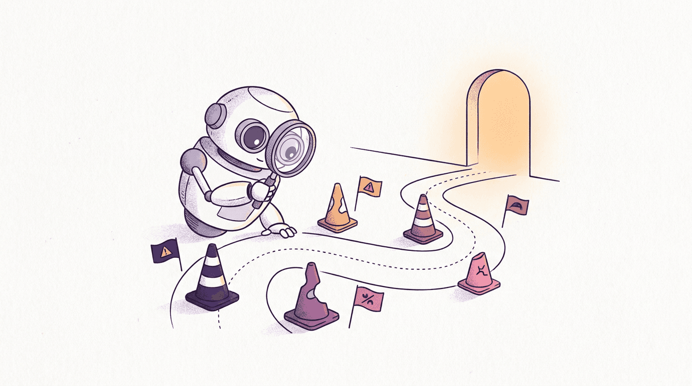 Editorial illustration of a small robot with a magnifying glass inspecting a row of traffic cones and warning flags on a path toward a glowing doorway, a metaphor for VS Code MCP quirks