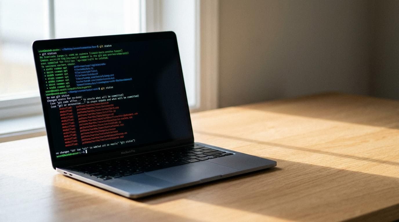 AI-generated README hero banner of a laptop with colorful terminal output on an oak desk, created for VS Code GitHub Copilot through the BananaBanana MCP server