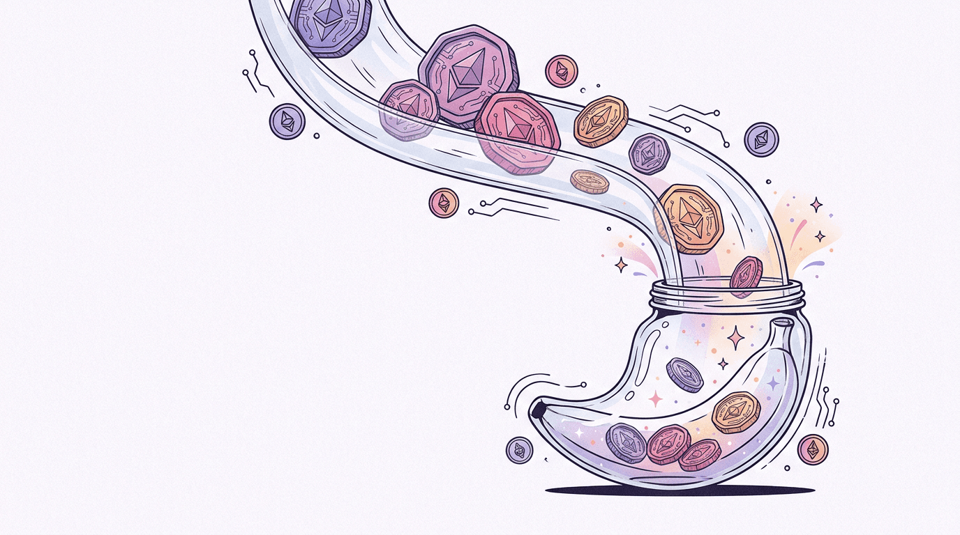 Crypto coins sliding down a chute into a banana-shaped glass jar, illustrating BananaBanana crypto deposits