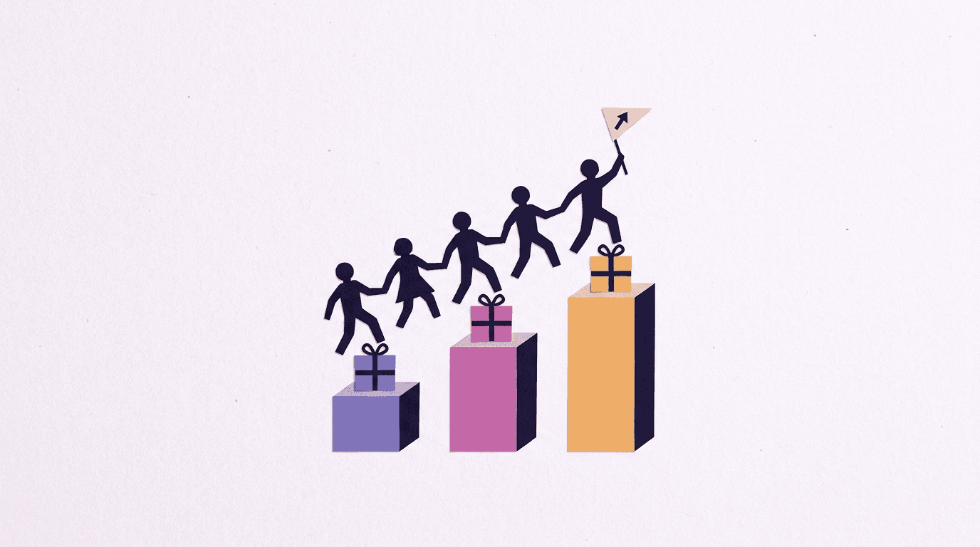 Paper figures climbing three podium steps with gift boxes, illustrating the three BananaBanana referral tiers