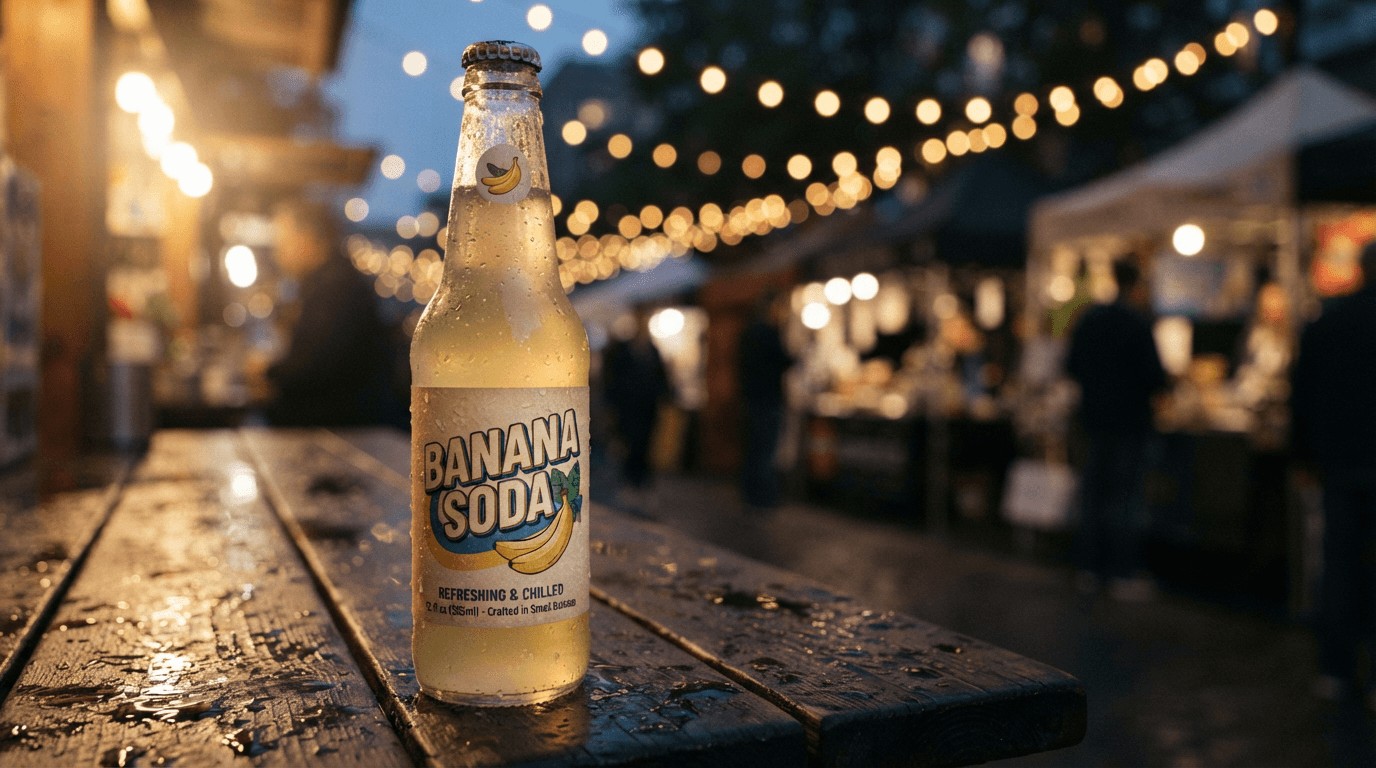 Banana soda bottle generated by Nano Banana 2 Lite, headline label text correct but the fine print garbled