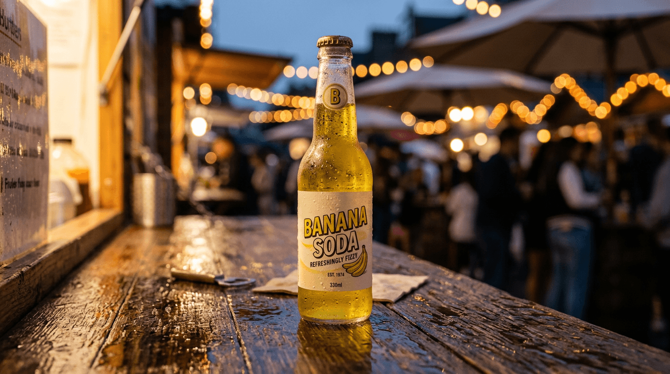Banana soda bottle generated by Nano Banana 2 with a fully legible retro label