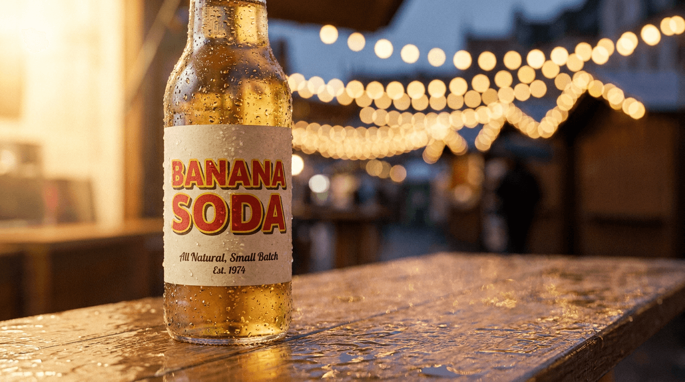 Banana soda bottle generated by Nano Banana Pro with crisp retro typography and script lettering