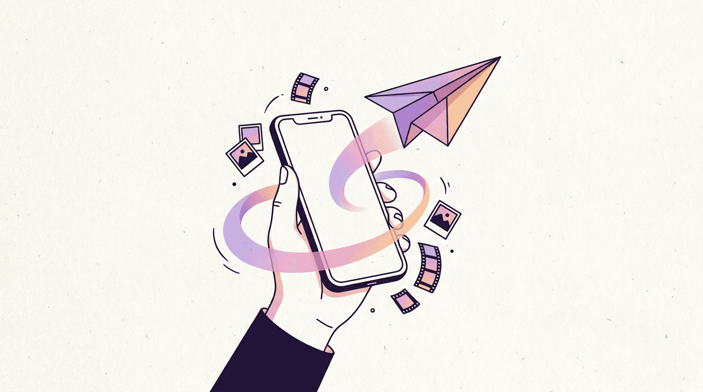 Paper plane flying out of a smartphone with pictures and film frames around it, illustrating the upcoming BananaBanana Telegram Mini App