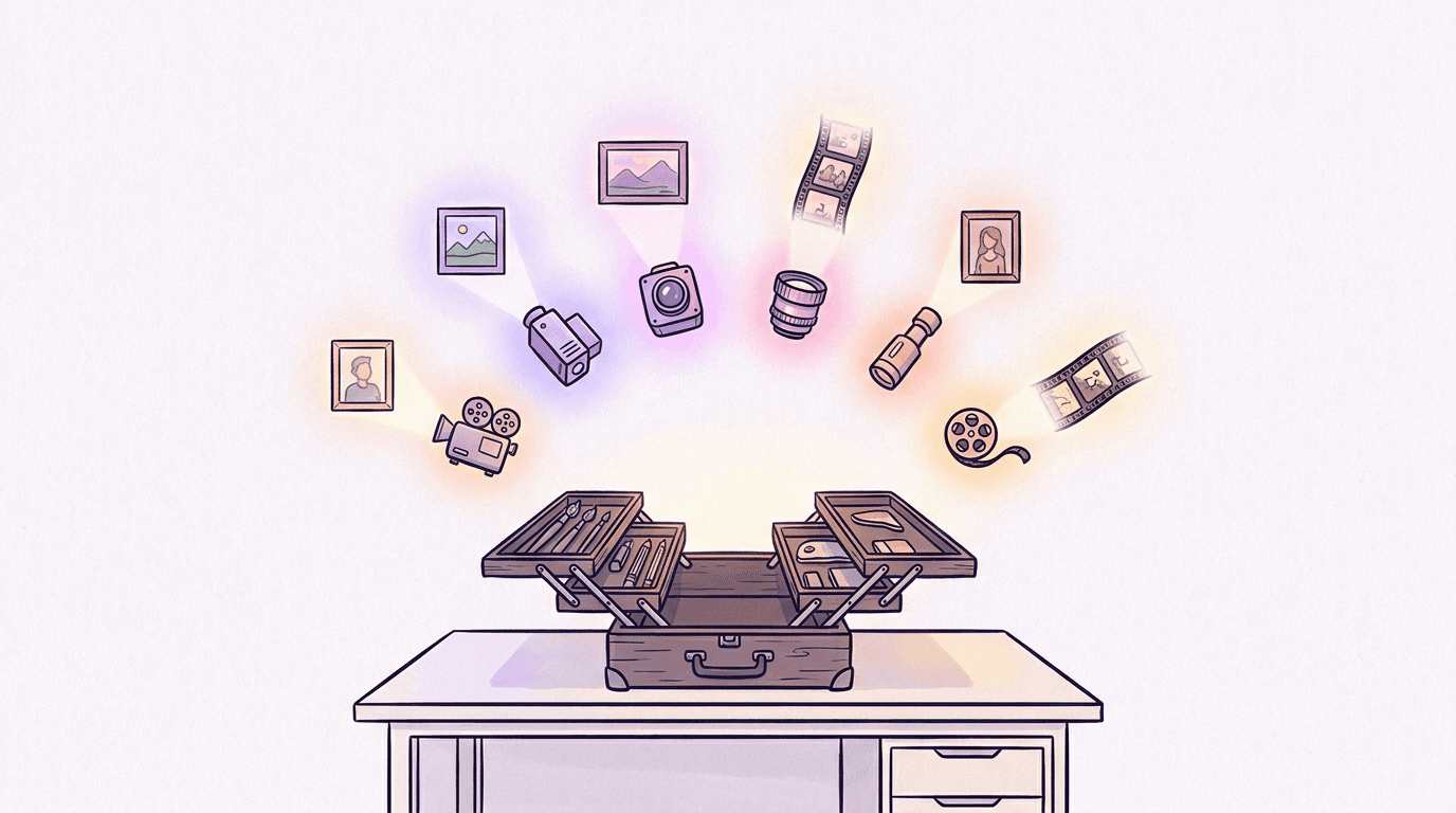 Open toolbox with seven glowing instruments projecting pictures and film frames, representing the seven AI models on BananaBanana