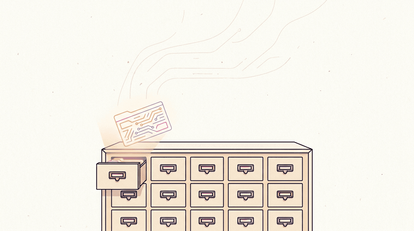 A directory card catalogue with one drawer pulled open revealing a glowing endpoint label, editorial illustration