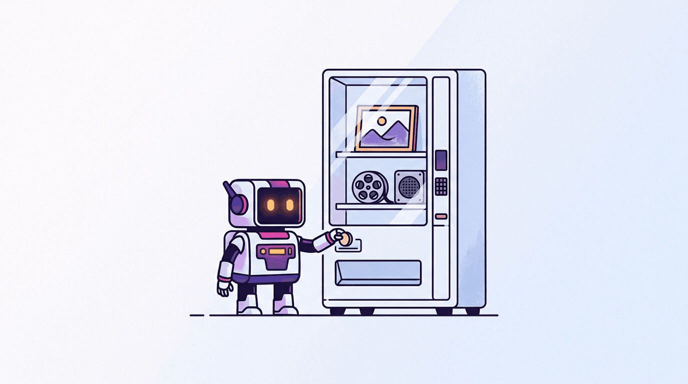 A small robot dropping a coin into a vending machine that dispenses an image, a film reel and a speaker, editorial illustration