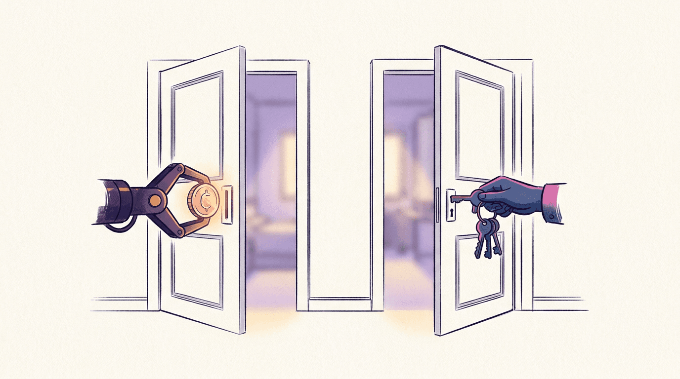 Two doors into the same room, one opened by a mechanical gripper holding a coin and the other by a hand with keys