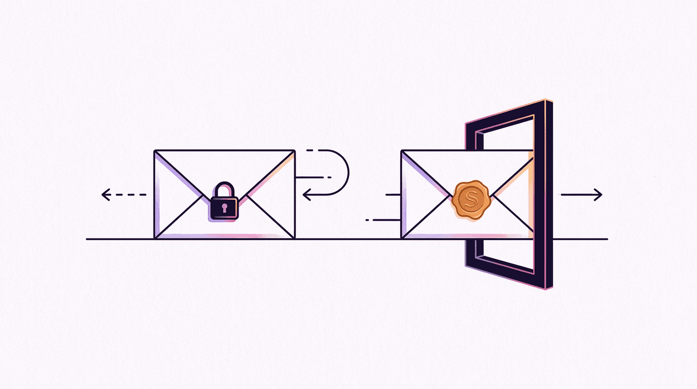 Two envelopes on a line: the first returns marked with a padlock, the second carries a wax seal and passes through an open frame