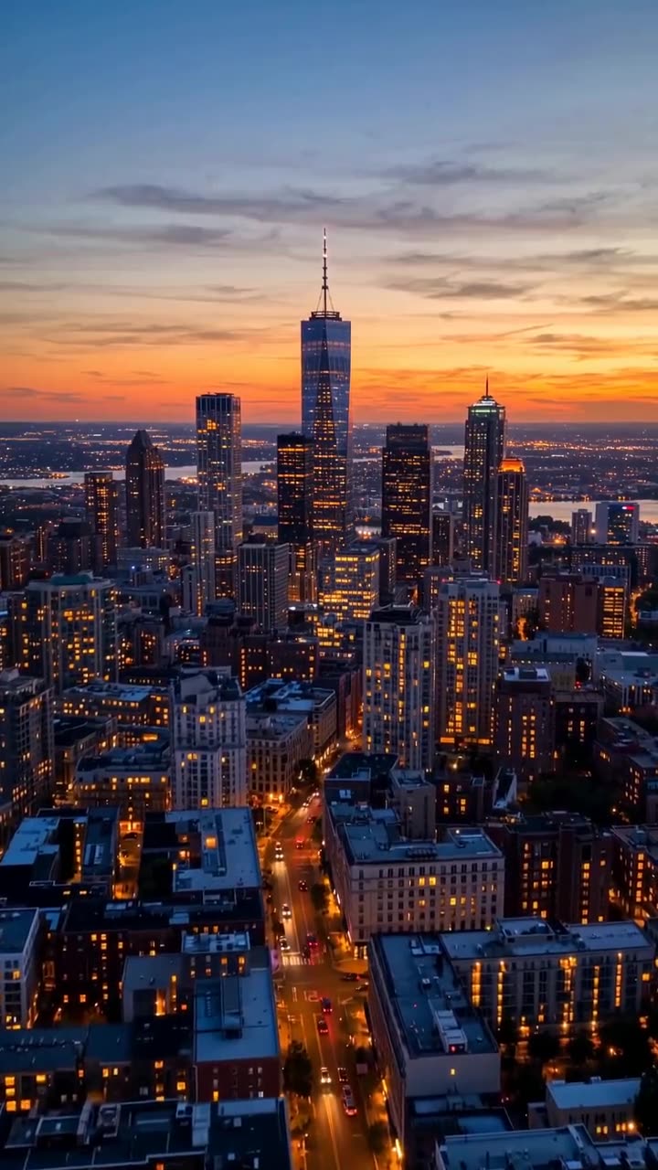 AI-generated vertical B-roll clip of a city at dusk for short-form video pipelines