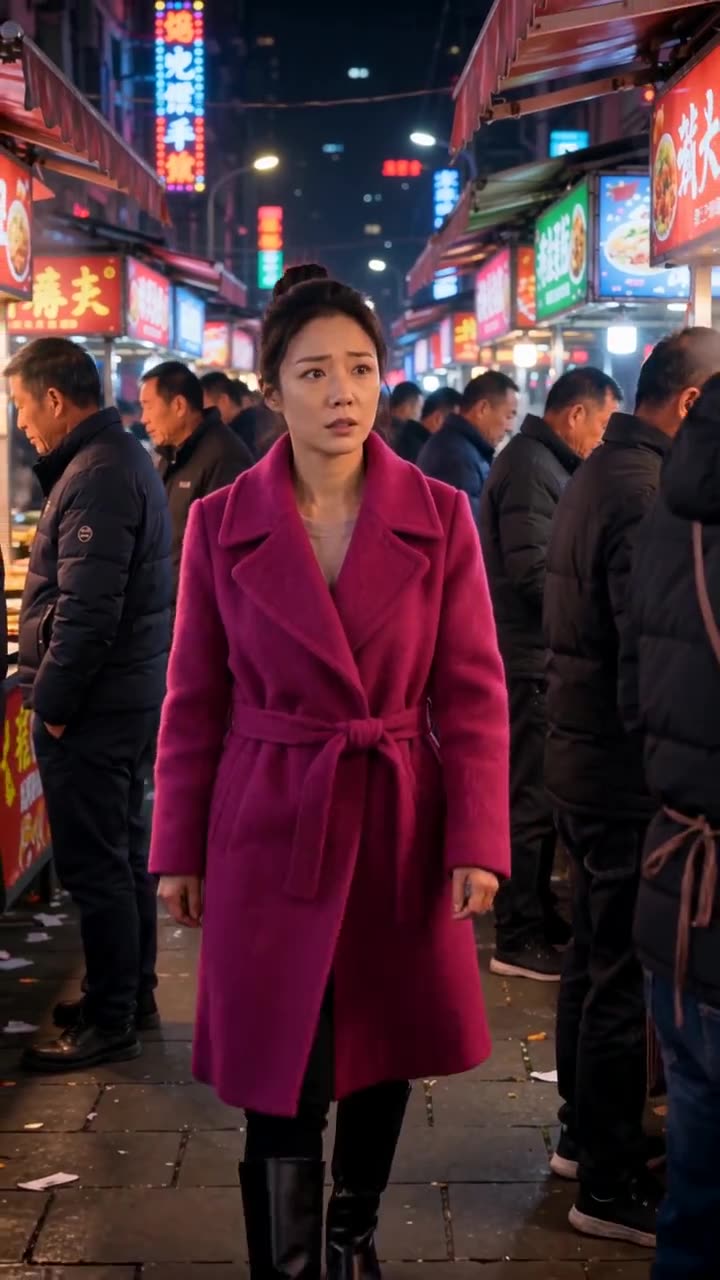 AI-generated vertical drama scene: a woman in a magenta coat in a night market