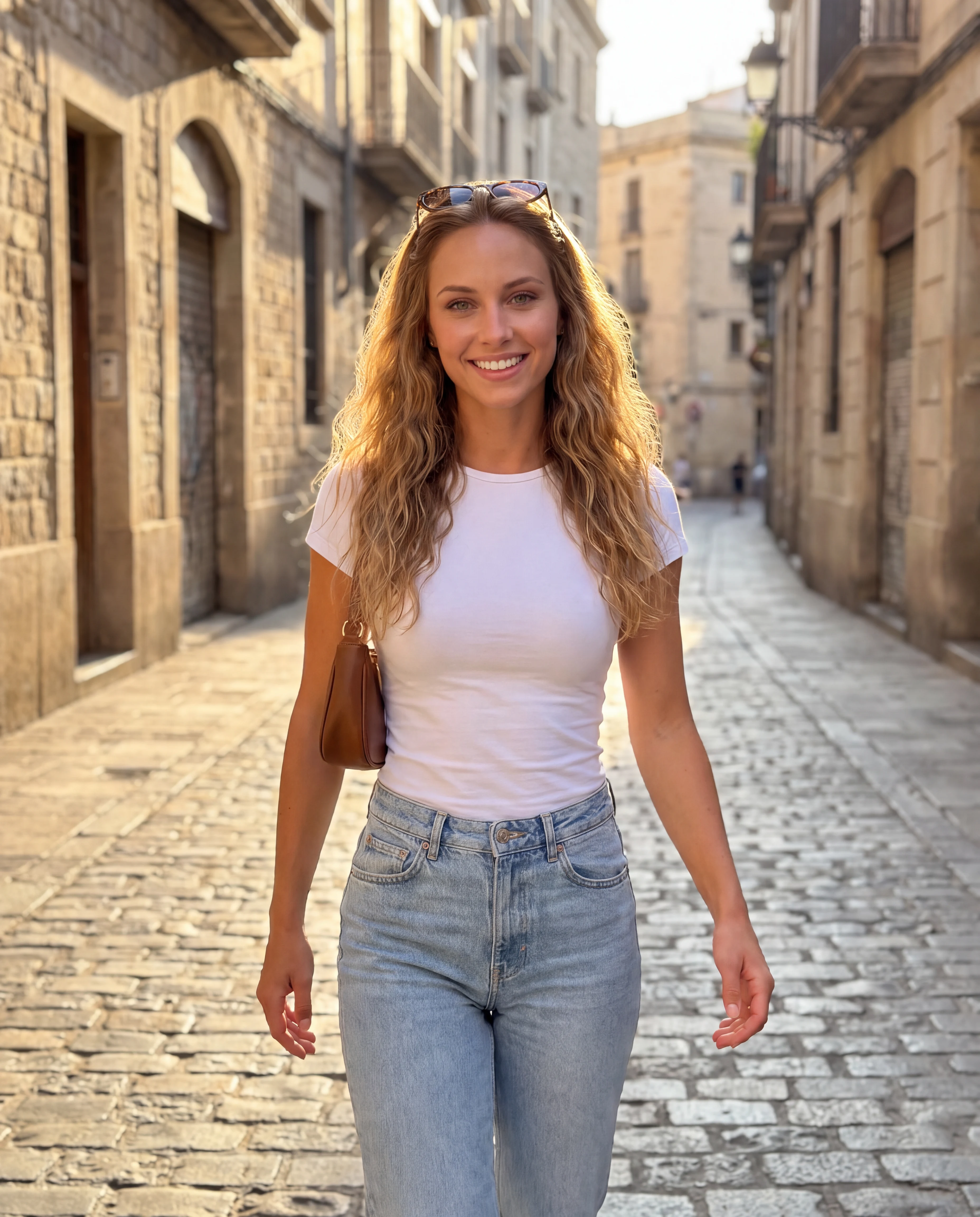 AI influencer example: the same virtual model from one reference photo in a new scene (3/8)