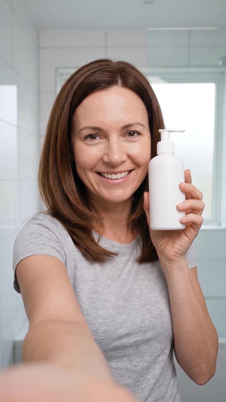 Selfie review: product next to the face, one clear line