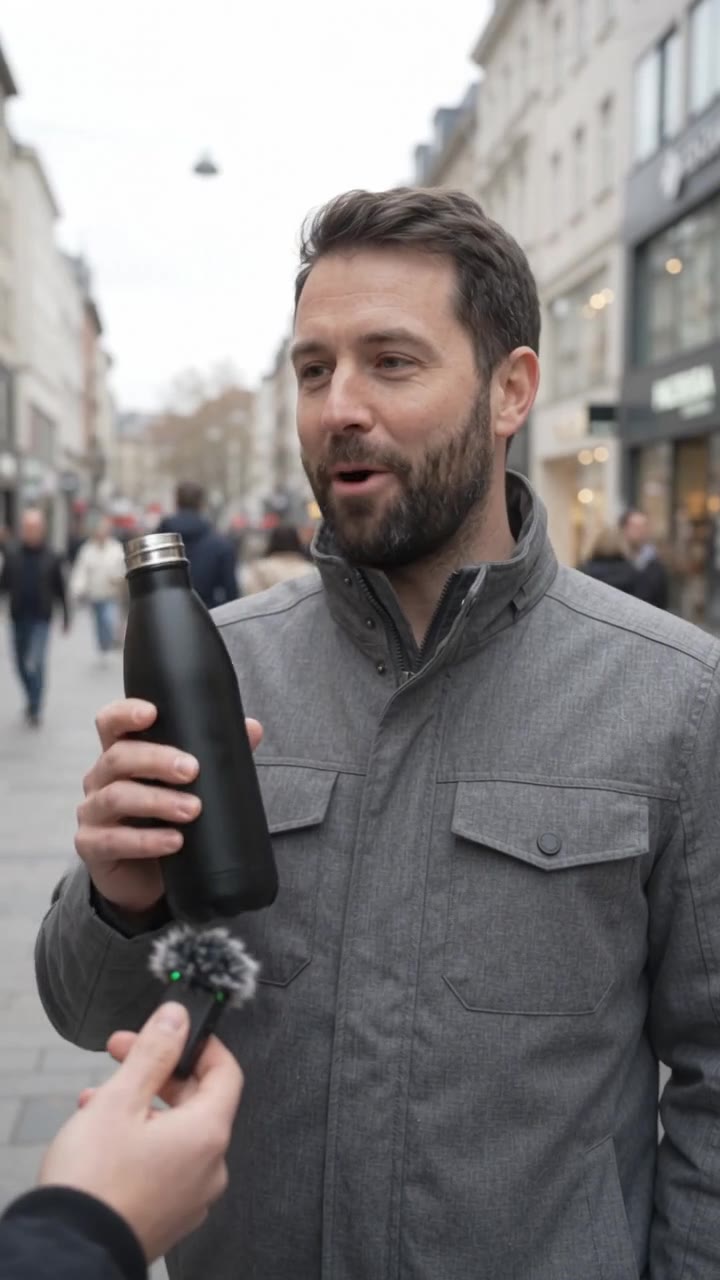 AI-generated vertical street interview: a man holds a reusable water bottle and answers into a microphone